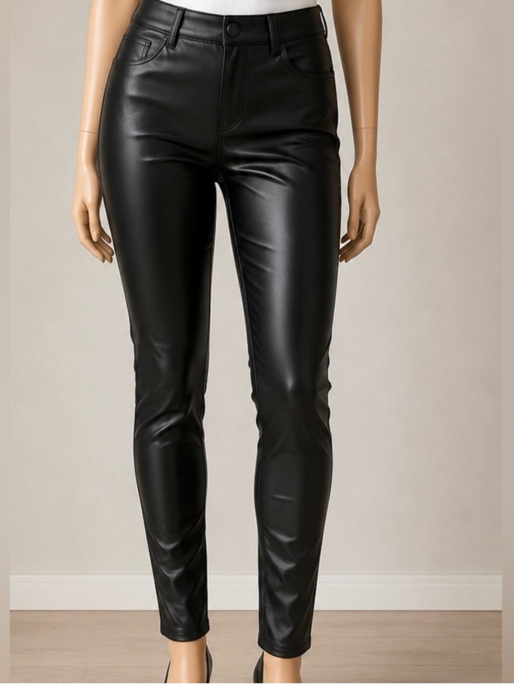 HALARA Black Faux Leather Skinny Leggings High-Waist-Fit Pants M